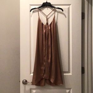 Bronze silky cocktail dress with twisted straps